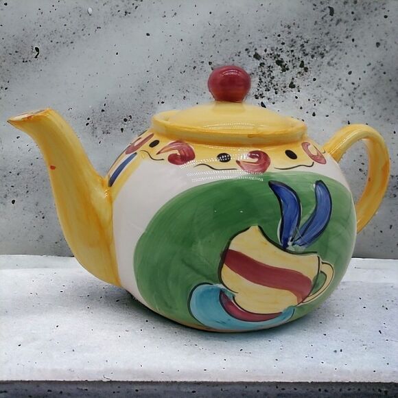 Hausenware VTG Teapot Colorful Yellow Festive Artist Handpainted Crackle Design - Picture 1 of 12
